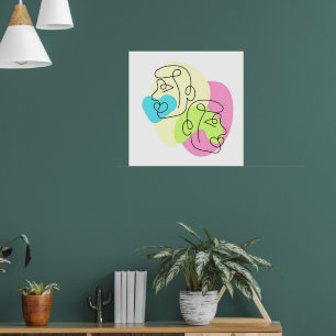 Affiche Ligne Abstraite Visages Jumeaux Colorés