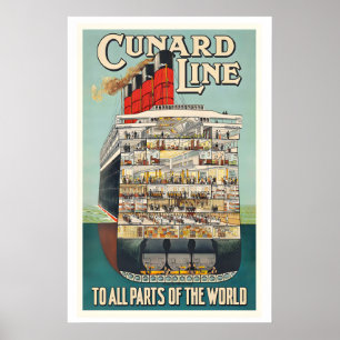 Affiche Ligne Cunard vers toutes les parties du monde Vint