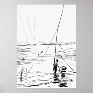Affiche Ligne d'art minimaliste de lancer de lac avec cann