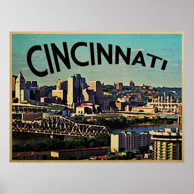 Affiche Ligne Skyline Cincinnati vintage (Devant)