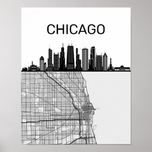 Affiche Ligne Skyline Ville De Chicago Illinois Avec Carte