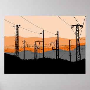Affiche Lignes d'alimentation Silhouette du coucher de sol