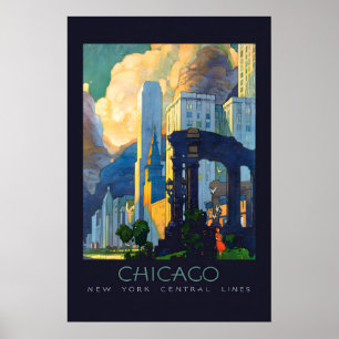 Affiche Lignes de Chicago NY Central années 1920 style vin