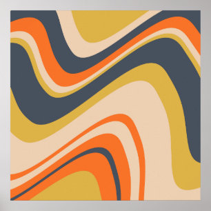 Affiche Lignes Vastes Rétro - Orange, Marine, Jaune, Beige