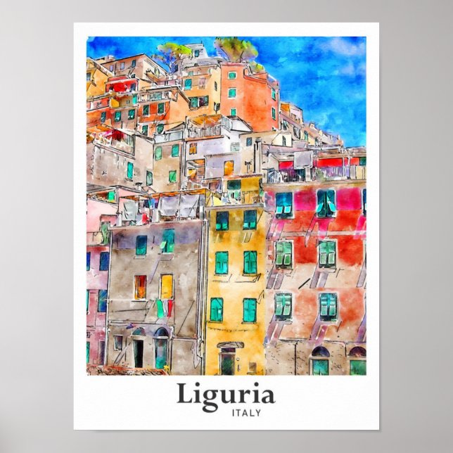 Affiche Ligurie Italie Voyage Aquarelle main tirée