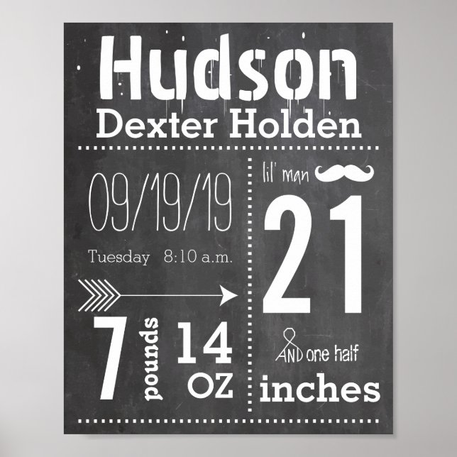 Affiche Lil Man Mustache Chalkboard Garçon Baby Stat Flèch (Devant)