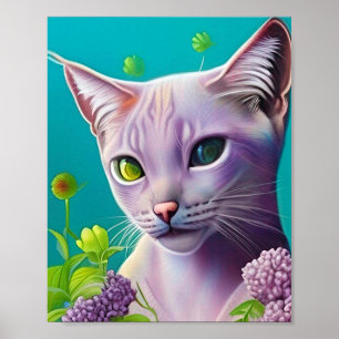 Affiche Lilac Chat Siamese en fleurs Lilac sur Turquoise