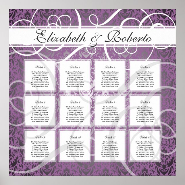 Affiche Lilac Damask 12 Table Wedding Seating Plan Chart (Devant)