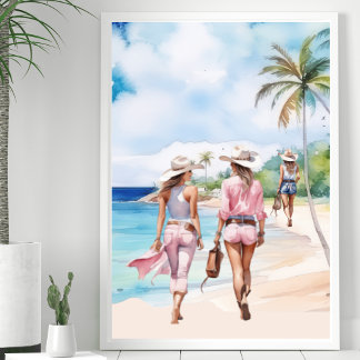 Affiche L'île tropicale des trois cow-girl côtières roses