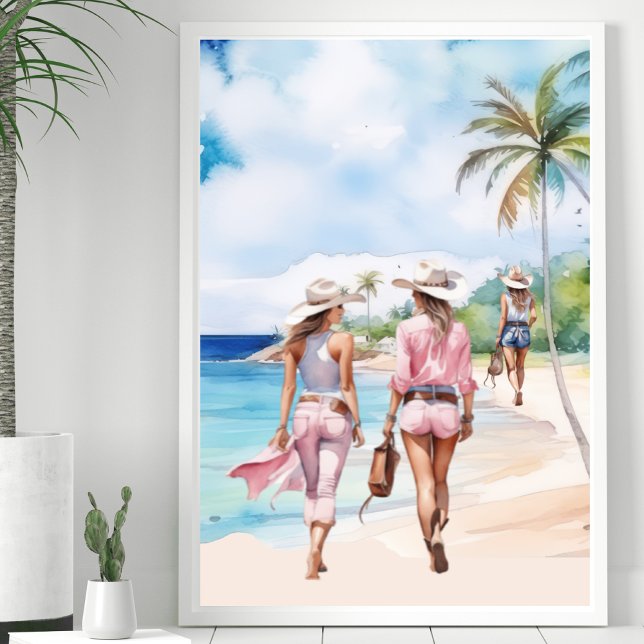 Affiche L'île tropicale des trois cow-girl côtières roses (Créateur téléchargé)