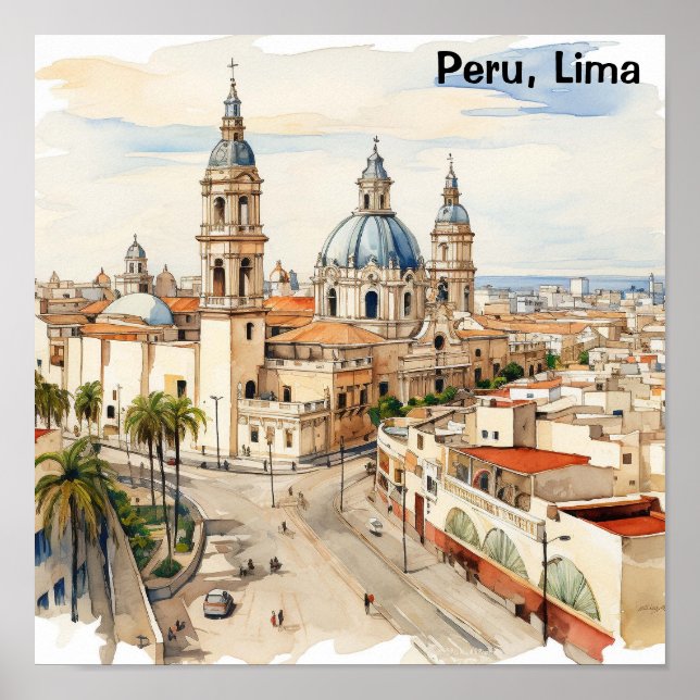 Affiche Lima Pérou élégant panorama vue aquarelle (Devant)