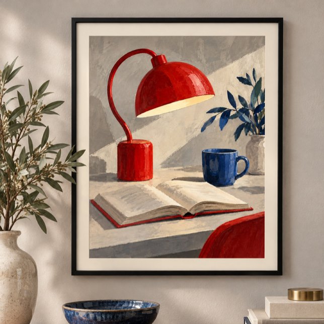 Affiche L'Impression d'art de lampe de lecture rouge (Styled display of The Red Reading Lamp Art Print. Frame, mat and furnishings shown for illustration; select framing options separately.)
