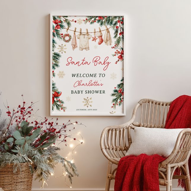 Affiche Linge de Noël d'hiver pour Baby Shower avec le Pèr (Christmas Winter Clothesline Santa Baby Shower Poster)