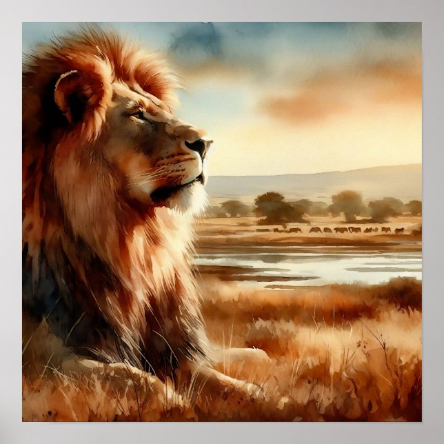 Affiche Lion aquarelle sur la savane (Devant)