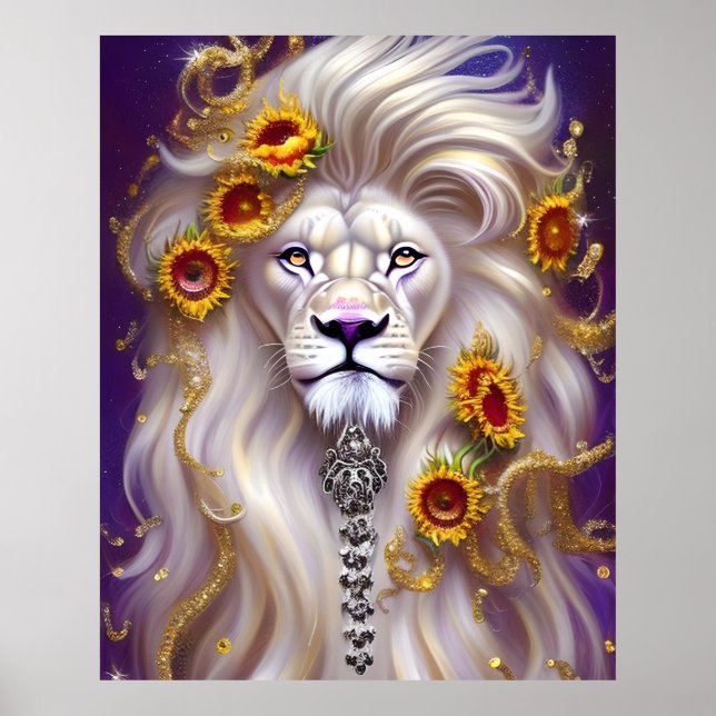 Affiche Lion blanc magique et tournesol graphique (Devant)