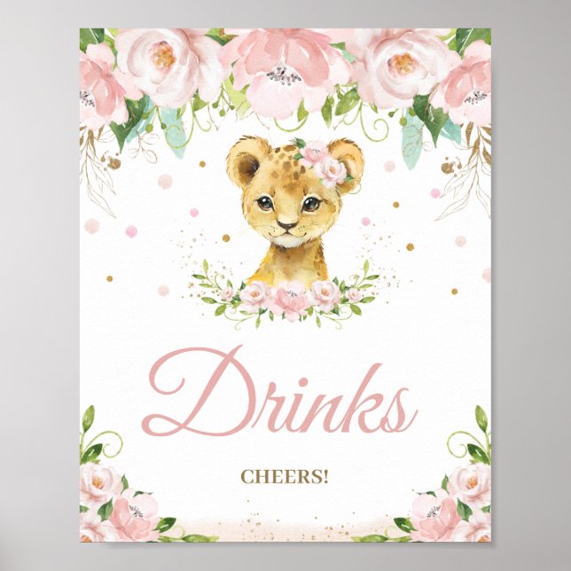 Affiche Lion Blush rose Baby shower Floral Boissons Cheveu (Devant)