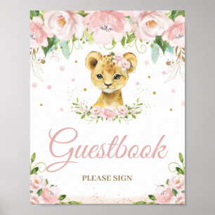 Affiche Lion Blush rose Baby shower floral panneau d'or