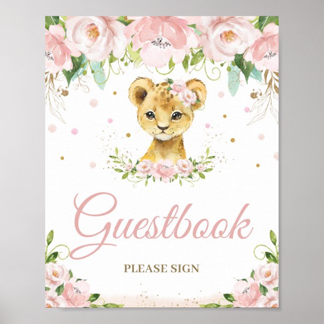 Affiche Lion Blush rose Baby shower floral panneau d'or (Devant)