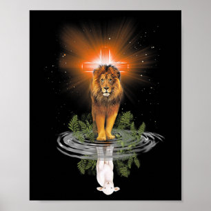 Affiche Lion Croix Jésus Réflexion Eau Miroir Sheep T-S