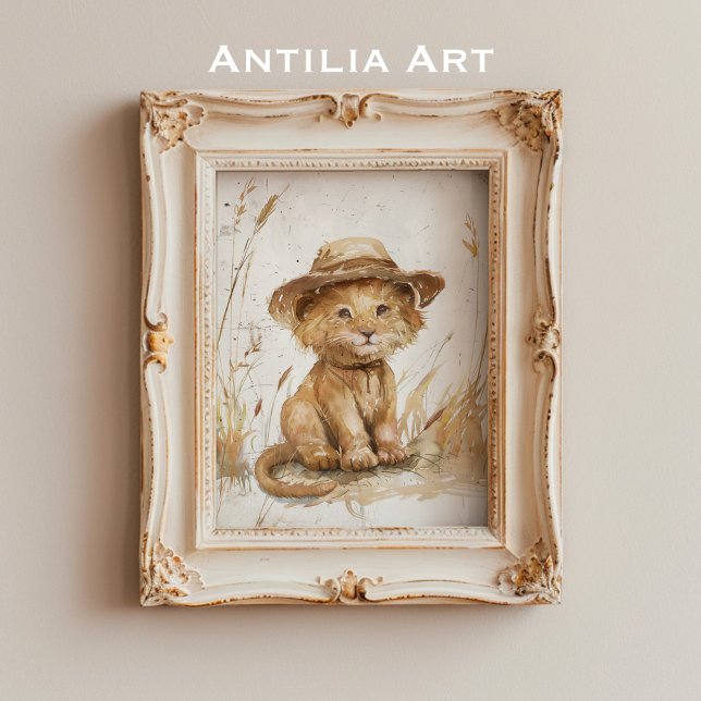 Affiche Lion Cub en Casquette Whimsical Art Rustique (Créateur téléchargé)