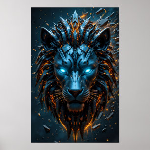 Affiche Lion Cyber aux Yeux Bleus