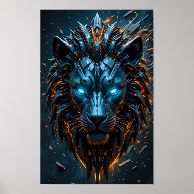 Affiche Lion Cyber aux Yeux Bleus (Devant)