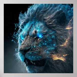 Affiche Lion de feu bleu cosmique