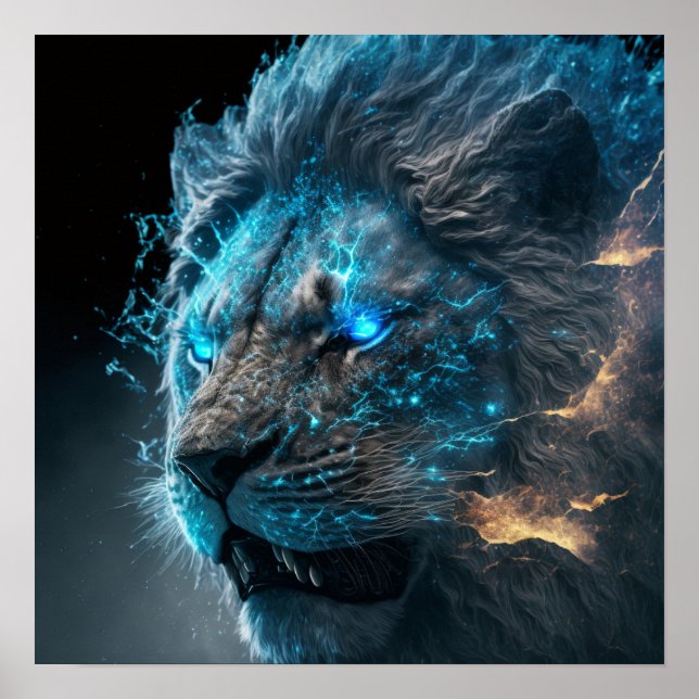Affiche Lion de feu bleu cosmique (Devant)