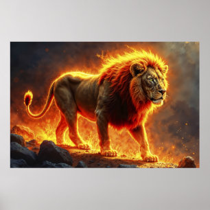 Affiche Lion de flammes brûlant volcan feu imaginaire art