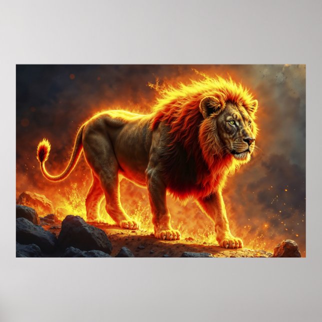 Affiche Lion de flammes brûlant volcan feu imaginaire art (Devant)