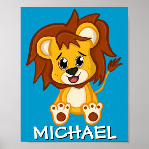 Affiche Lion de safari mignon dessin animé jungle nom bleu