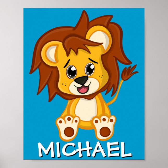 Affiche Lion de Safari Mignon Dessin Animé Jungle Nom Bleu (Devant)