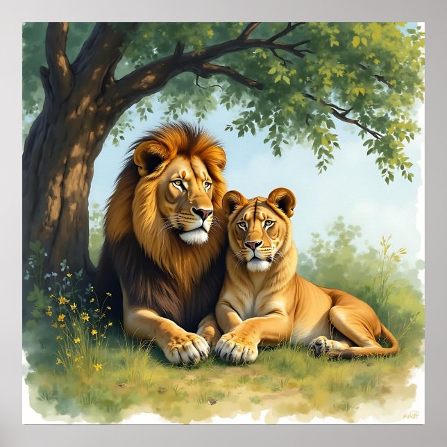 Affiche Lion et lionne sous un arbre (Devant)
