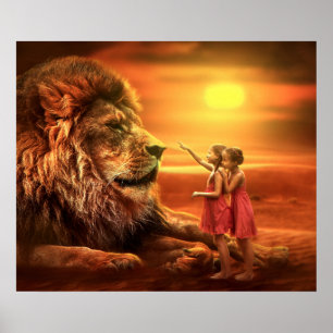 Affiche Lion et petites filles