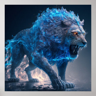Affiche Lion feu Flames bleu