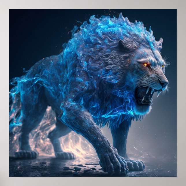 Affiche Lion feu Flames bleu (Devant)