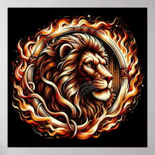 Affiche Lion Flamboyant dans un Anneau de Flammes Astrolog