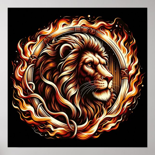 Affiche Lion flamboyant en anneau d'astrologie des flammes (Devant)