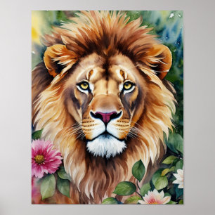 Affiche Lion Floral Aquarelle Portrait Art