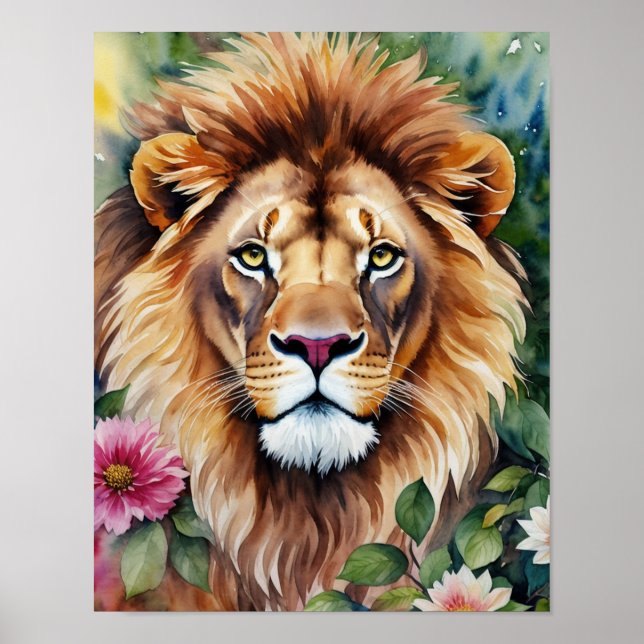 Affiche Lion Floral Aquarelle Portrait Art (Devant)