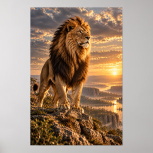 Affiche Lion Mâle sur un Surplomb Rocheux au Coucher de So