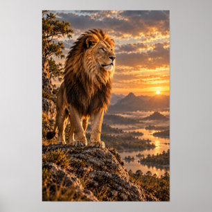 Affiche Lion Mâle sur un Surplomb Rocheux au Coucher de So