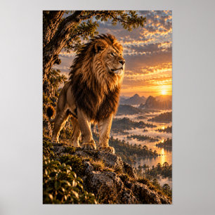 Affiche Lion Mâle sur un Surplomb Rocheux au Coucher de So