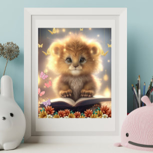 Affiche Lion mignon lisant un livre Art Nounou