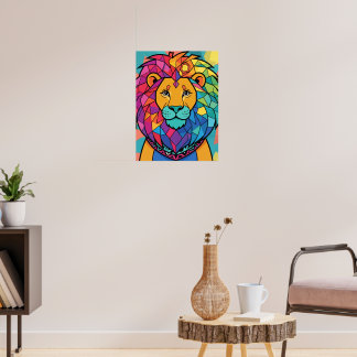 Affiche Lion Mosaïque Géométrique Abstraite Couleurs Vives