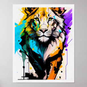 Affiche Lion noir formes lignes peintures éclaboussures de