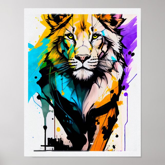 Affiche Lion noir formes lignes peintures éclaboussures de (Devant)
