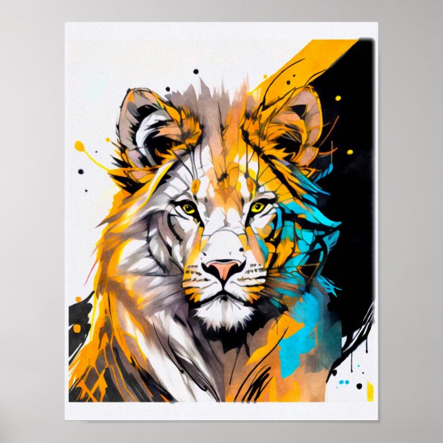 Affiche Lion noir violet bleu formes lignes peint plash (Devant)