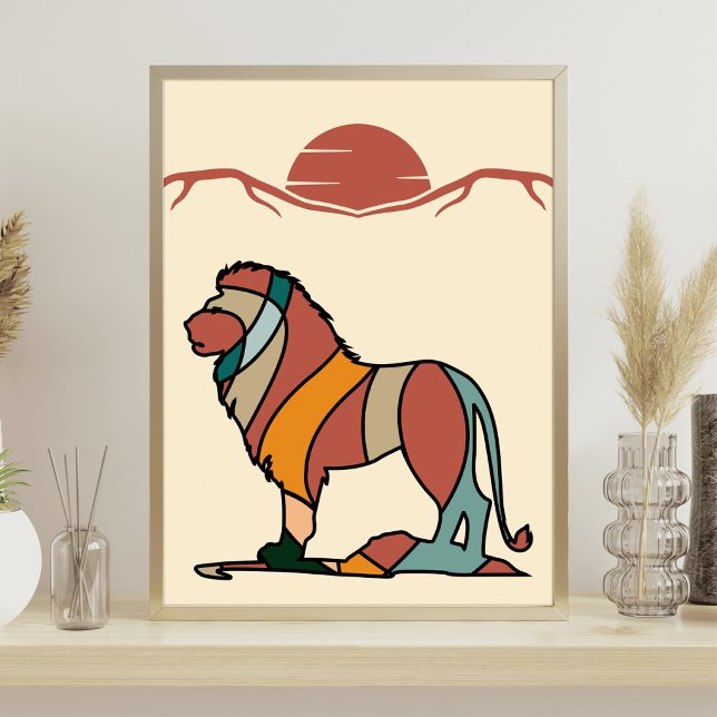 Affiche Lion paisible de la savane Art abstrait moderne et (Serene Savanna Kind Lion Abstract Modern Art Poster)