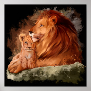 Affiche Lion papa et un petit lionceau